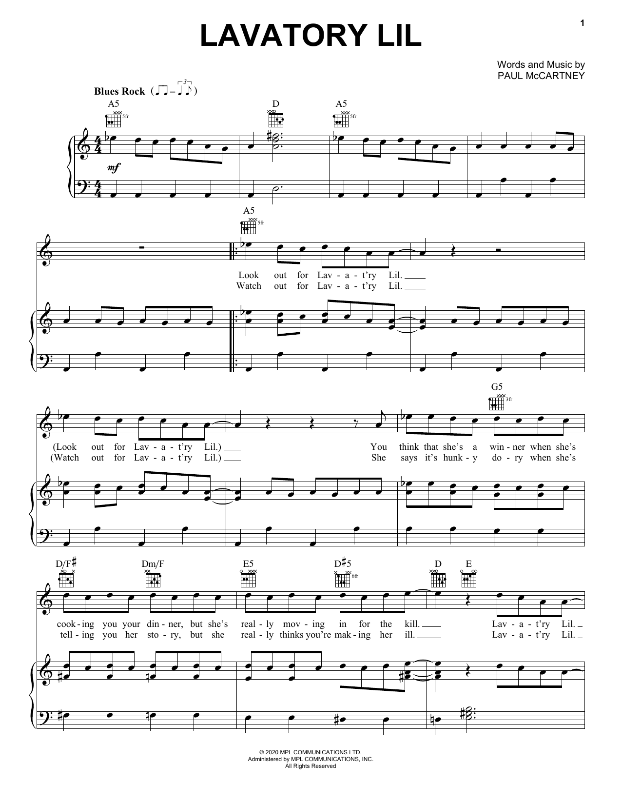 Download Paul McCartney Lavatory Lil Sheet Music and learn how to play Piano, Vocal & Guitar Chords (Right-Hand Melody) PDF digital score in minutes