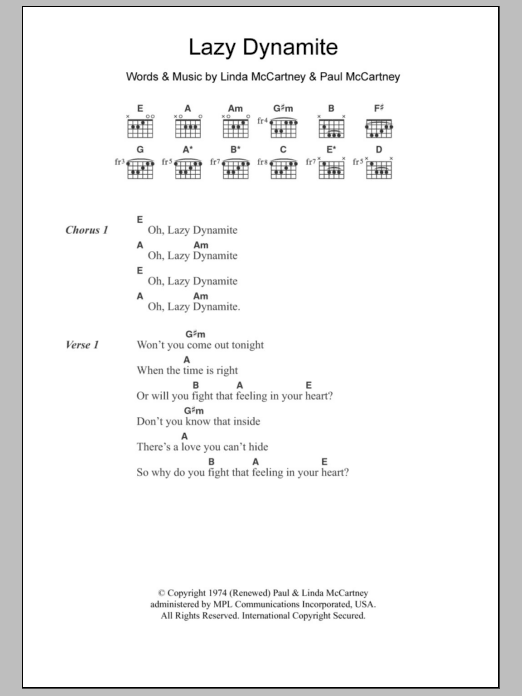 Download Paul McCartney & Wings Lazy Dynamite Sheet Music and learn how to play Lyrics & Chords PDF digital score in minutes