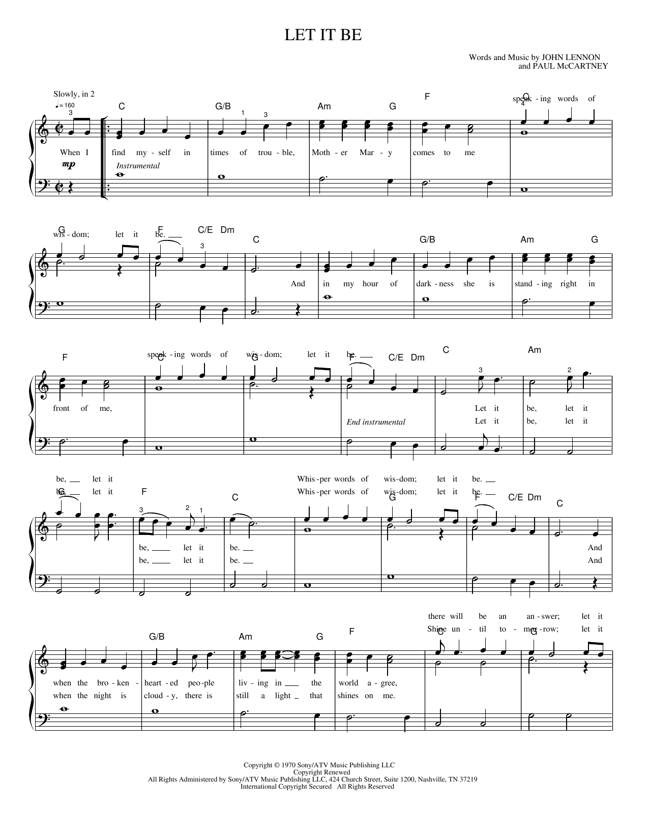 Download Paul McCartney Let It Be Sheet Music and learn how to play Piano, Vocal & Guitar Chords (Right-Hand Melody) PDF digital score in minutes