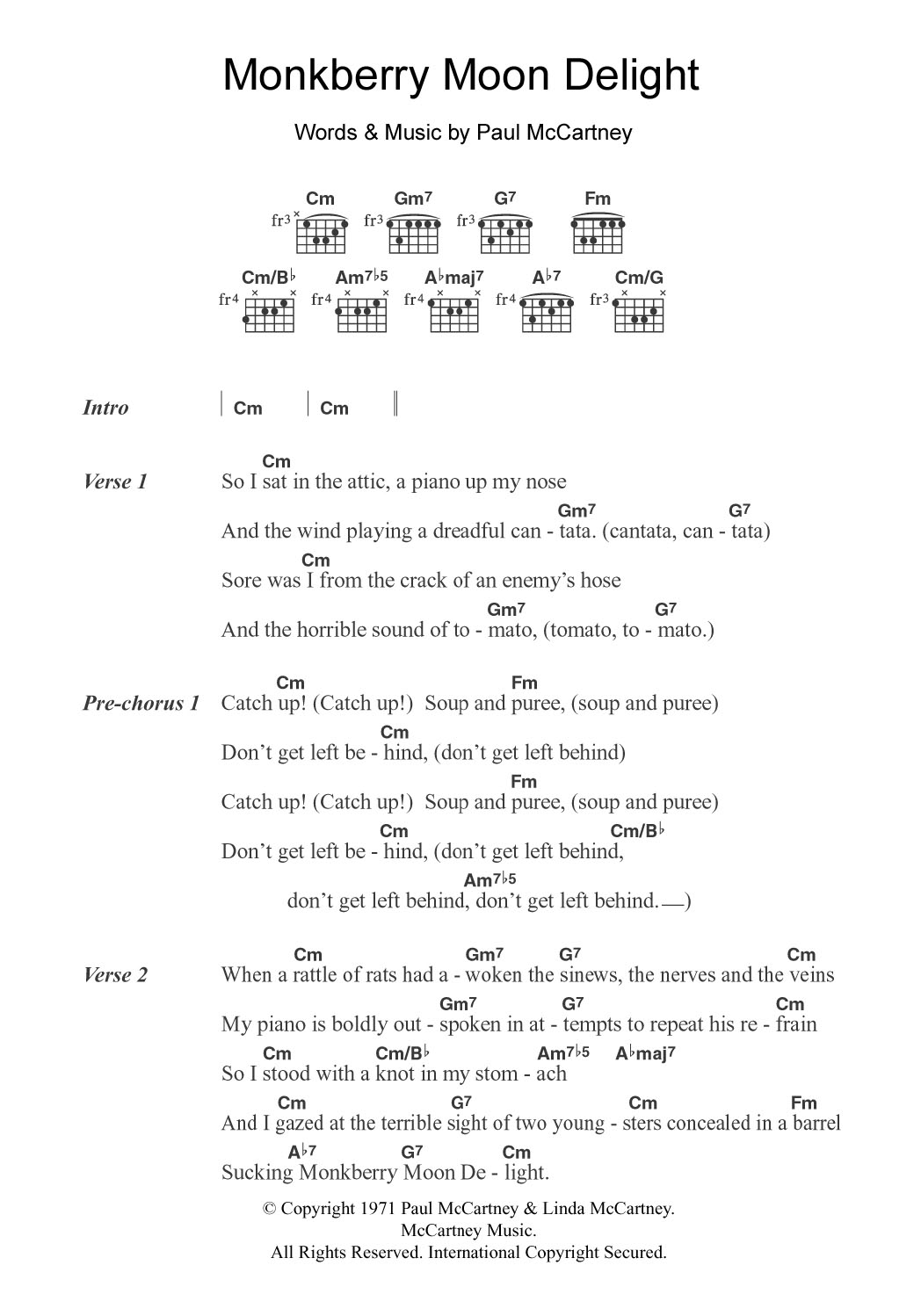 Download Paul McCartney Monkberry Moon Delight Sheet Music and learn how to play Lyrics & Chords PDF digital score in minutes