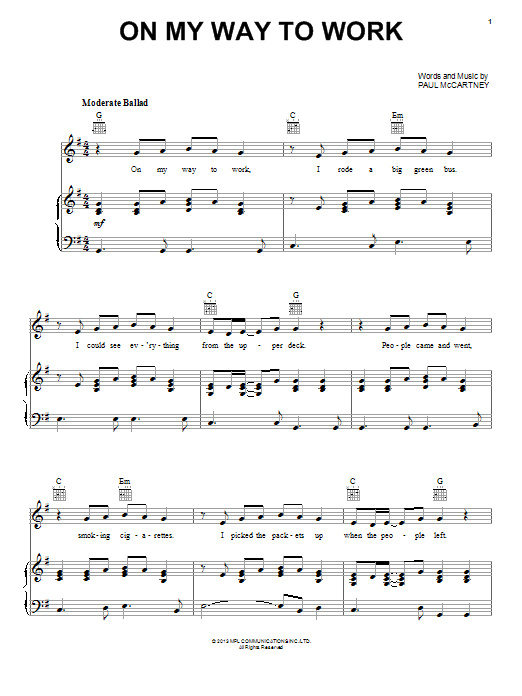 Download Paul McCartney On My Way To Work Sheet Music and learn how to play Piano, Vocal & Guitar (Right-Hand Melody) PDF digital score in minutes