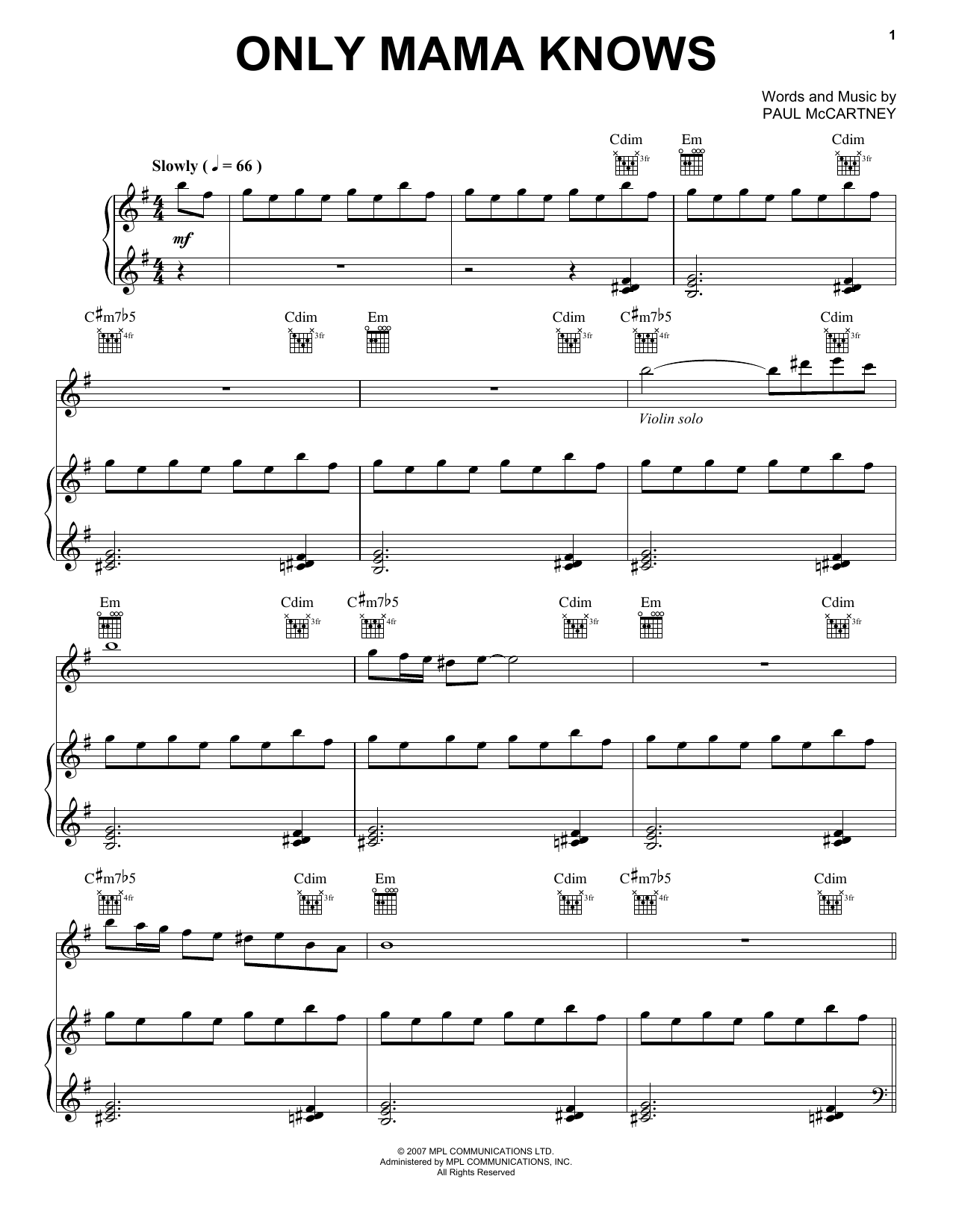 Download Paul McCartney Only Mama Knows Sheet Music and learn how to play Easy Piano PDF digital score in minutes