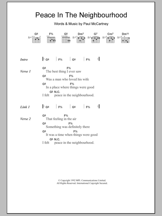 Download Paul McCartney Peace In The Neighbourhood Sheet Music and learn how to play Lyrics & Chords PDF digital score in minutes