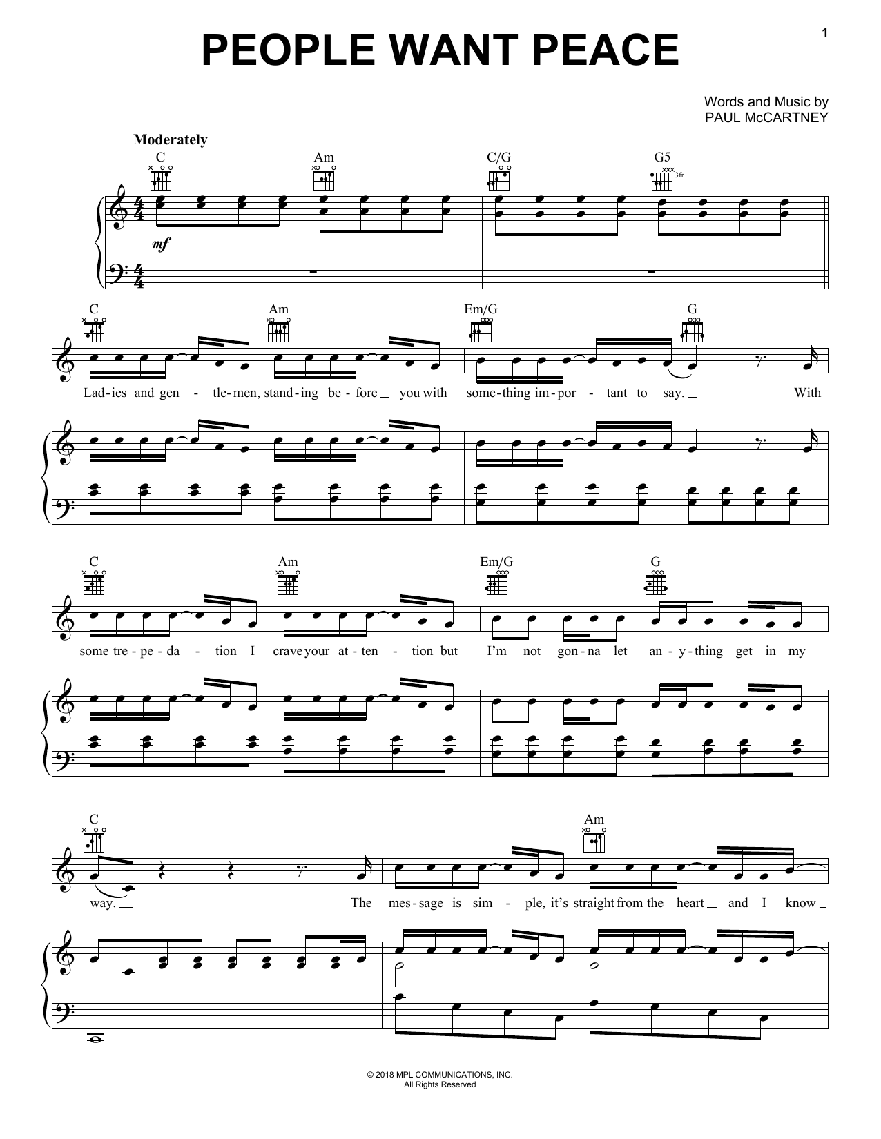 Download Paul McCartney People Want Peace Sheet Music and learn how to play Piano, Vocal & Guitar Chords (Right-Hand Melody) PDF digital score in minutes