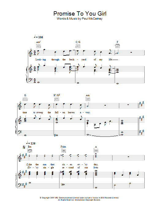 Download Paul McCartney Promise To You Girl Sheet Music and learn how to play Piano, Vocal & Guitar (Right-Hand Melody) PDF digital score in minutes