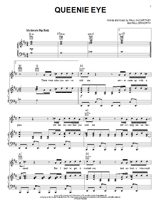 Download Paul McCartney Queenie Eye Sheet Music and learn how to play Piano, Vocal & Guitar (Right-Hand Melody) PDF digital score in minutes