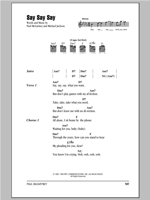 Download Paul McCartney Say Say Say Sheet Music and learn how to play Lyrics & Chords PDF digital score in minutes