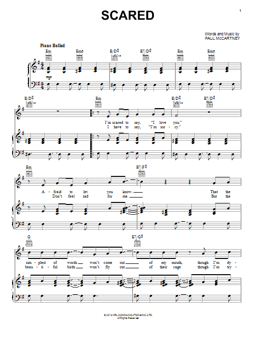 Download Paul McCartney Scared Sheet Music and learn how to play Piano, Vocal & Guitar (Right-Hand Melody) PDF digital score in minutes