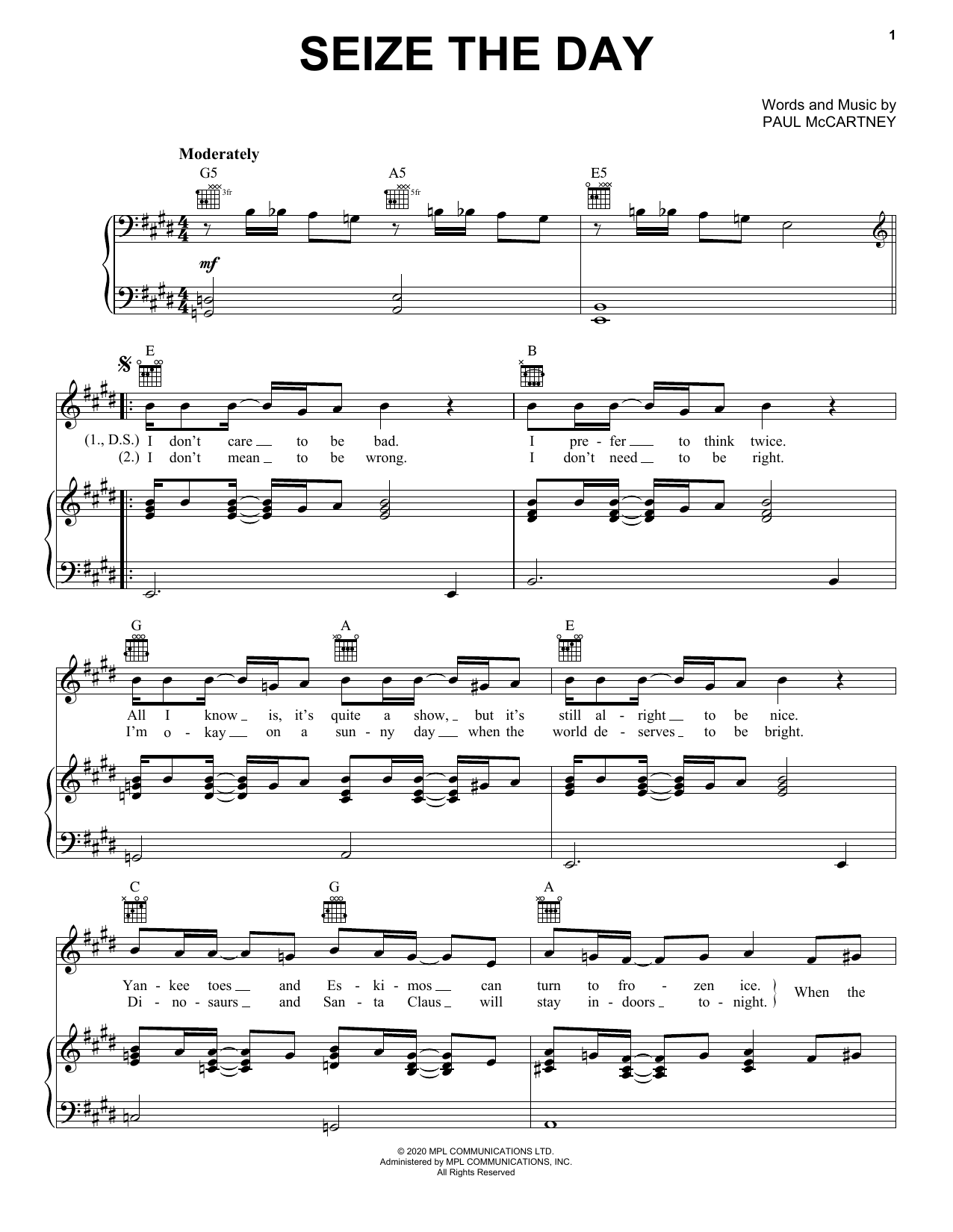 Download Paul McCartney Seize The Day Sheet Music and learn how to play Piano, Vocal & Guitar Chords (Right-Hand Melody) PDF digital score in minutes