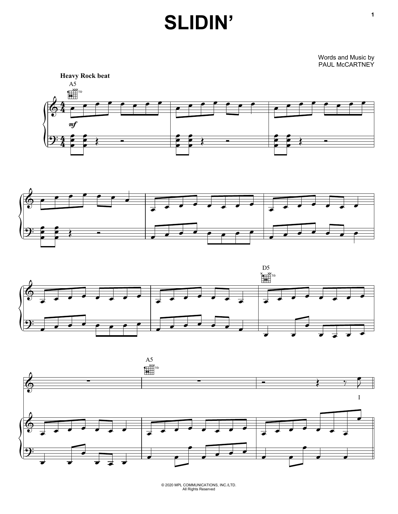 Download Paul McCartney Slidin' Sheet Music and learn how to play Piano, Vocal & Guitar Chords (Right-Hand Melody) PDF digital score in minutes
