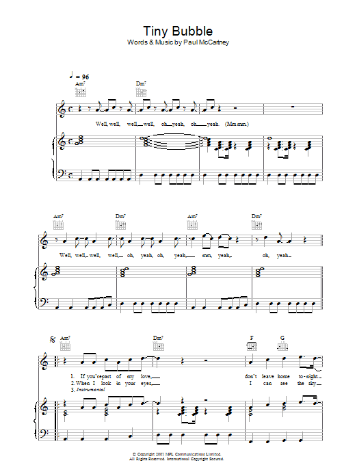 Download Paul McCartney Tiny Bubble Sheet Music and learn how to play Piano, Vocal & Guitar PDF digital score in minutes