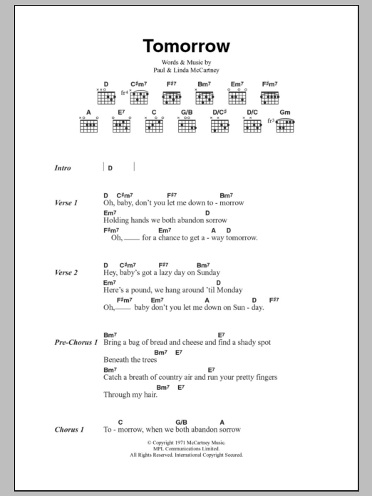 Download Paul McCartney Tomorrow Sheet Music and learn how to play Lyrics & Chords PDF digital score in minutes