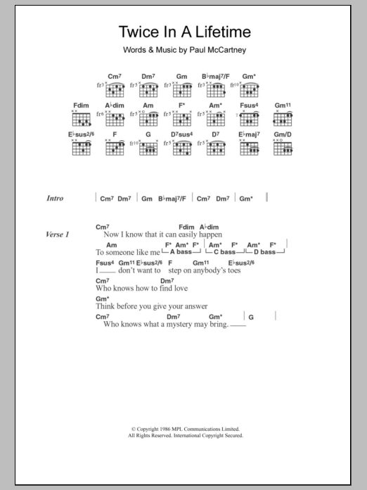 Download Paul McCartney Twice In A Lifetime Sheet Music and learn how to play Lyrics & Chords PDF digital score in minutes