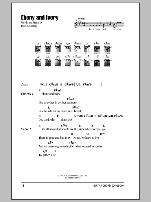 Download Paul McCartney w/Stevie Wonder Ebony And Ivory Sheet Music and learn how to play Melody Line, Lyrics & Chords PDF digital score in minutes
