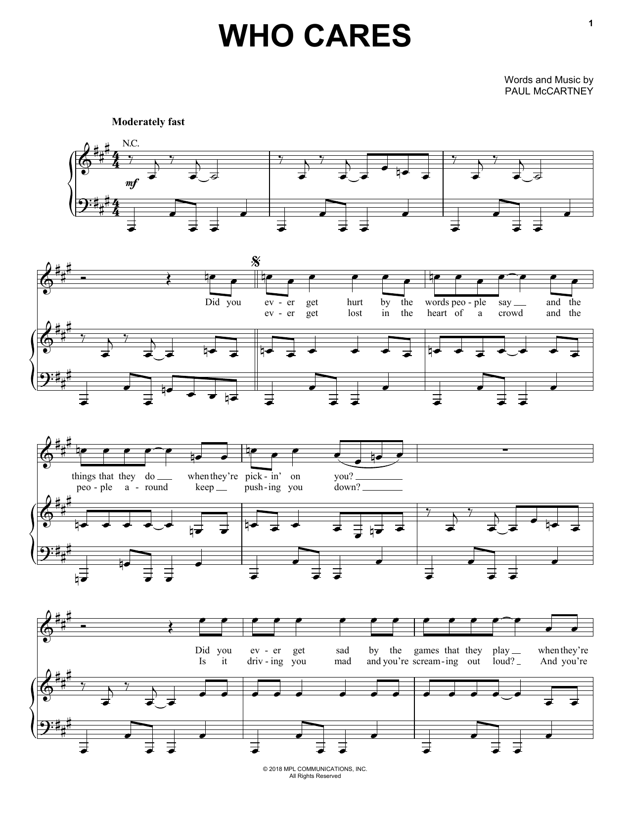 Download Paul McCartney Who Cares Sheet Music and learn how to play Piano, Vocal & Guitar Chords (Right-Hand Melody) PDF digital score in minutes
