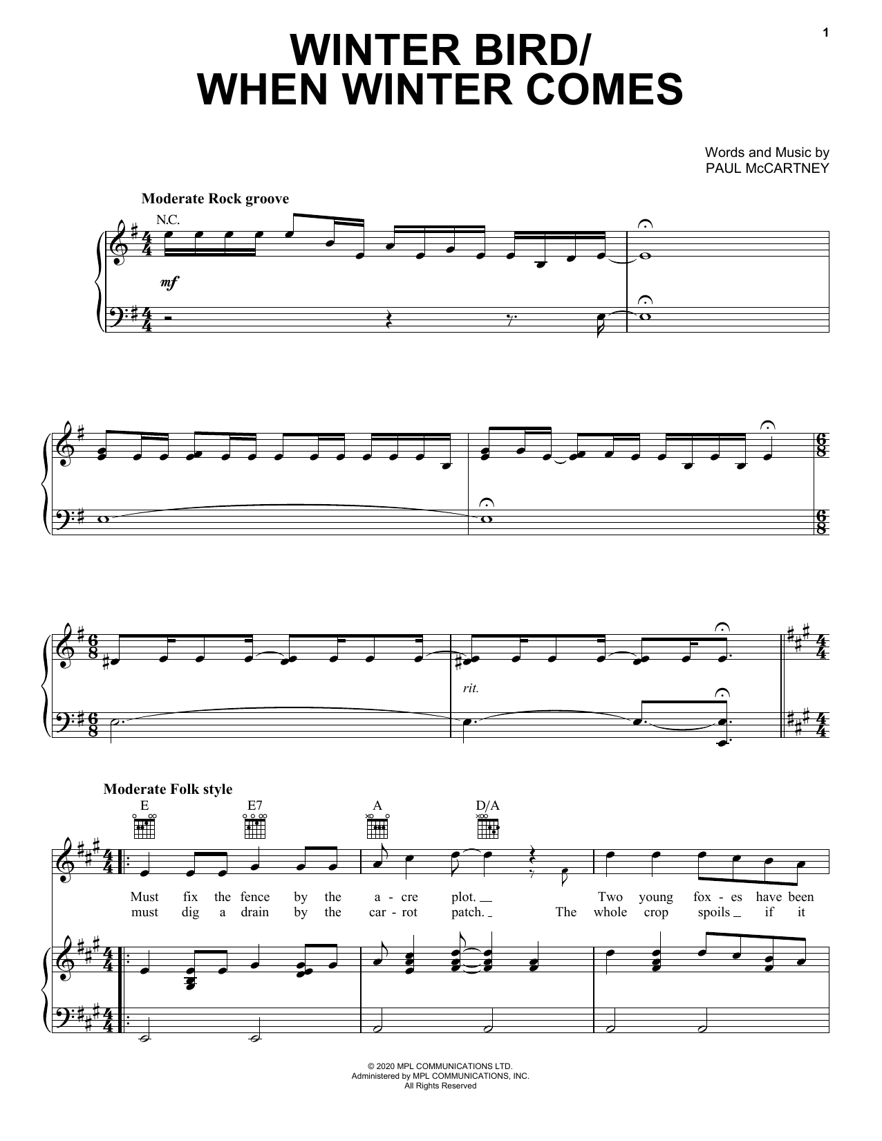 Download Paul McCartney Winter Bird / When Winter Comes Sheet Music and learn how to play Lead Sheet / Fake Book PDF digital score in minutes