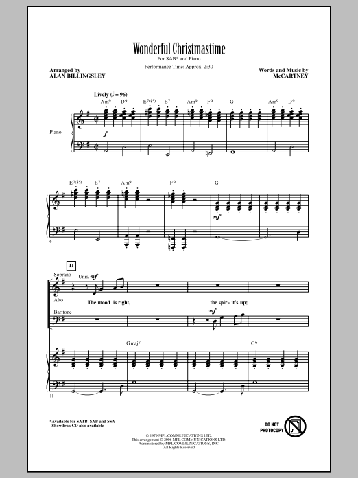 Download Paul McCartney Wonderful Christmastime (arr. Alan Billingsley) Sheet Music and learn how to play SATB PDF digital score in minutes