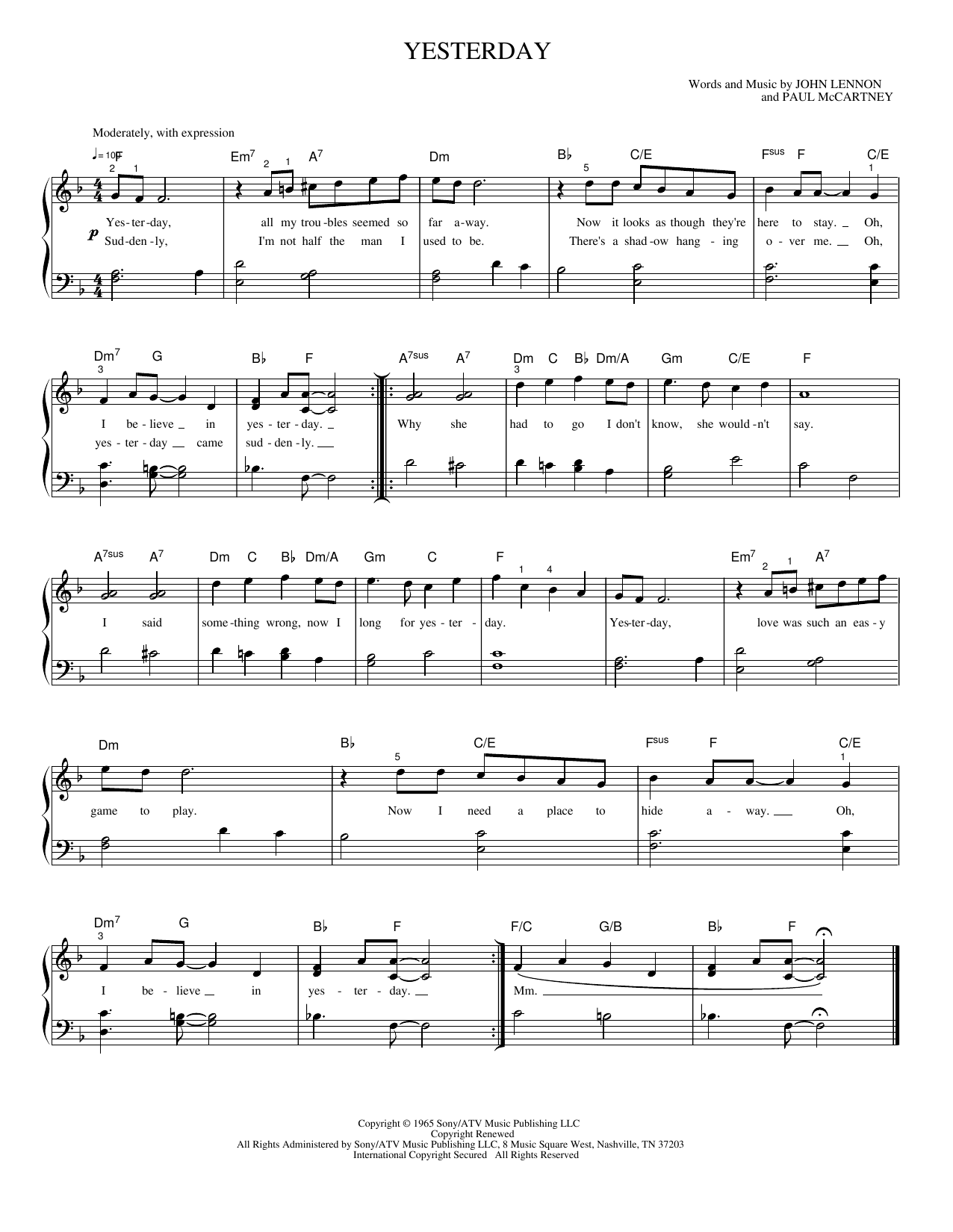 Download Paul McCartney Yesterday Sheet Music and learn how to play Piano, Vocal & Guitar Chords (Right-Hand Melody) PDF digital score in minutes