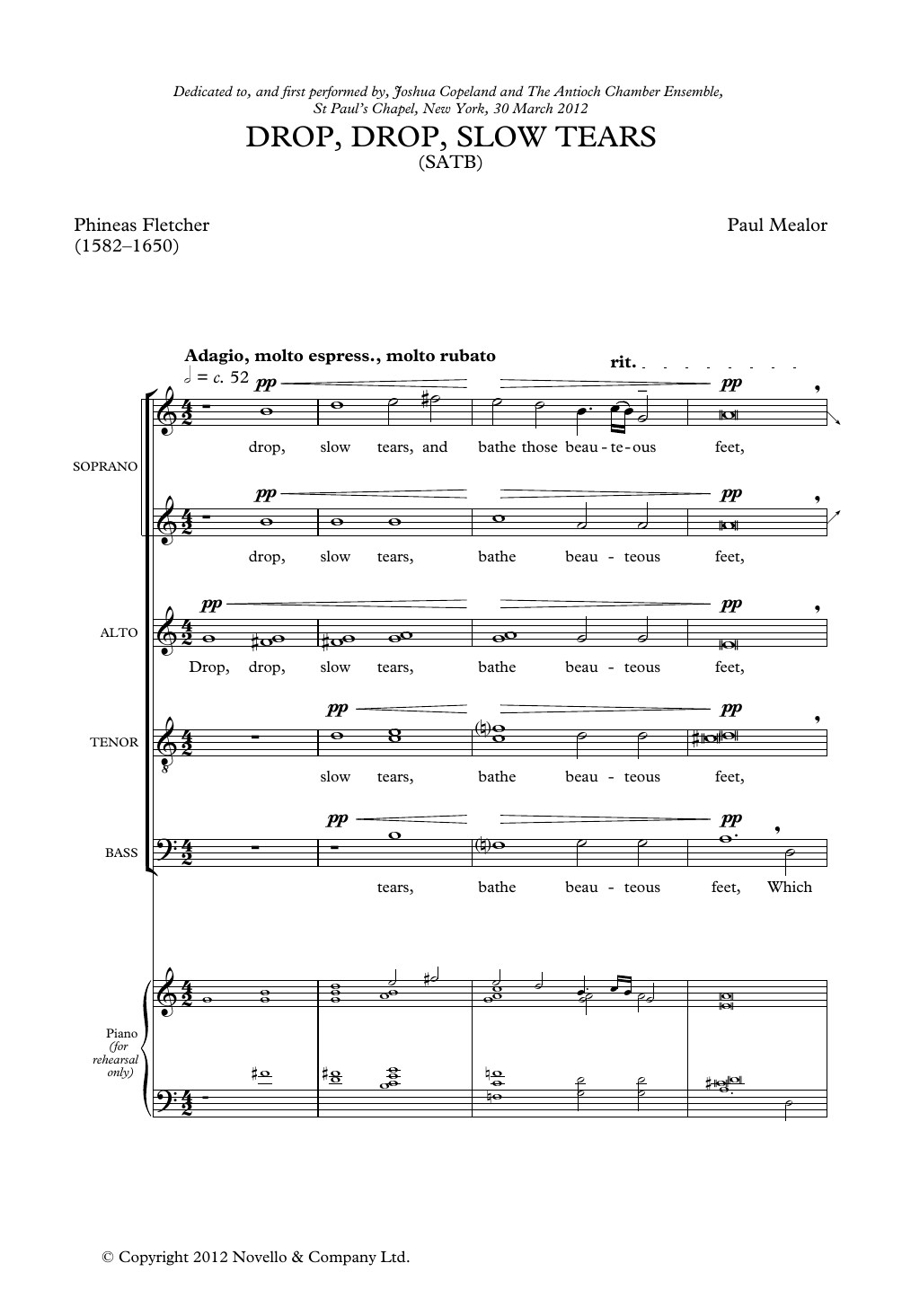 Download Paul Mealor Drop, Drop Slow Tears Sheet Music and learn how to play SATB Choir PDF digital score in minutes