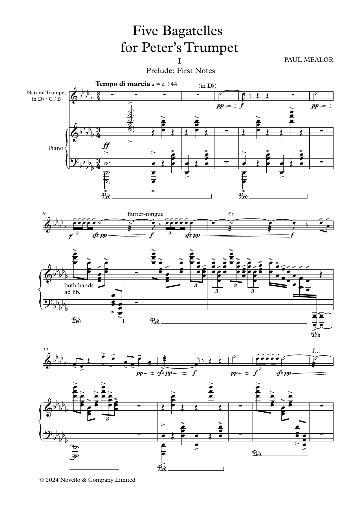 Download Paul Mealor Five Bagatelles for Peters Trumpet Sheet Music and learn how to play Trumpet and Piano PDF digital score in minutes