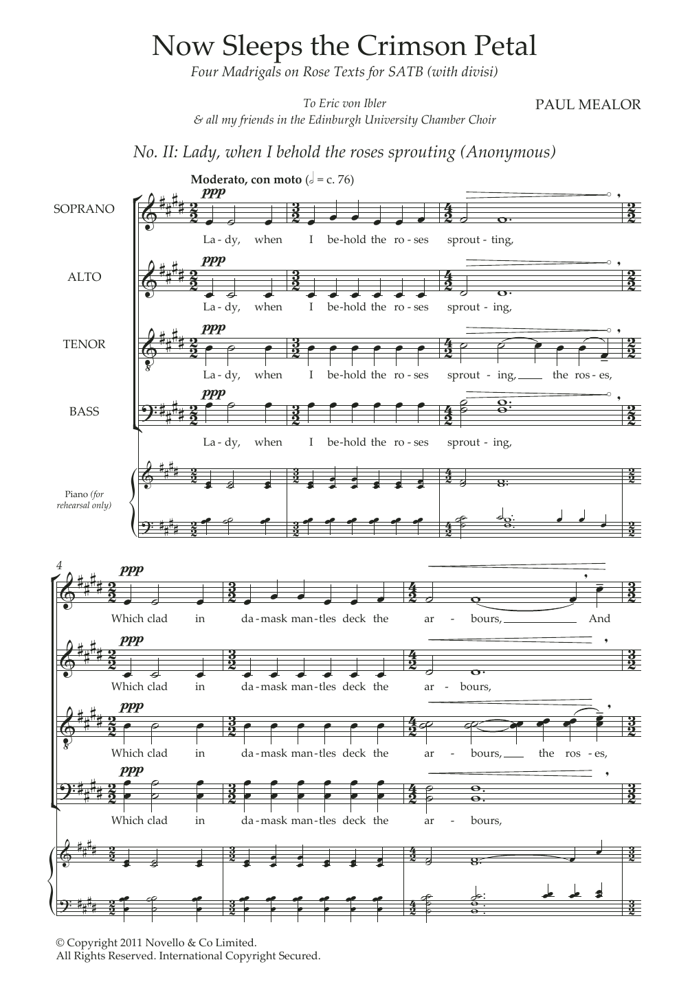 Download Paul Mealor Lady, When I Behold (from 'Four Madrigals on Rose Texts') Sheet Music and learn how to play SATB Choir PDF digital score in minutes