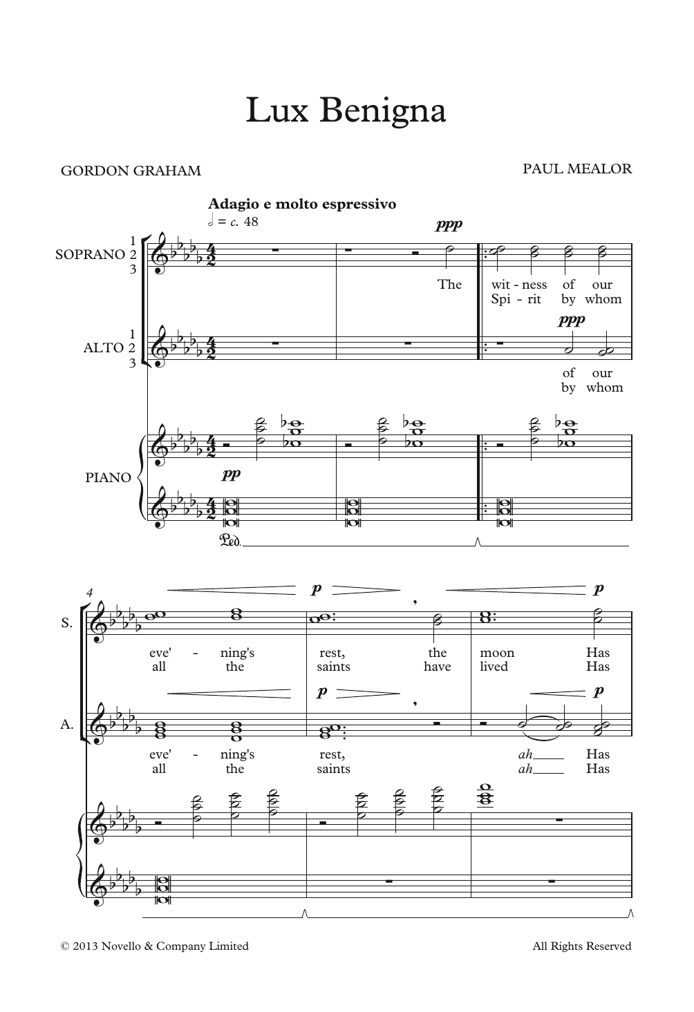 Download Paul Mealor Lux Benigna Sheet Music and learn how to play SSA Choir PDF digital score in minutes