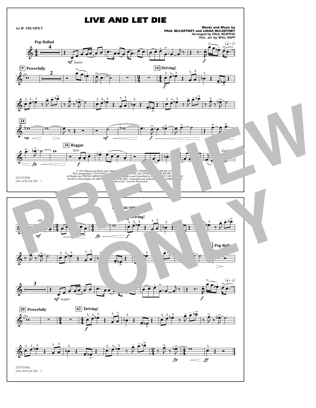 Download Paul Murtha Live and Let Die - 1st Bb Trumpet Sheet Music and learn how to play Marching Band PDF digital score in minutes