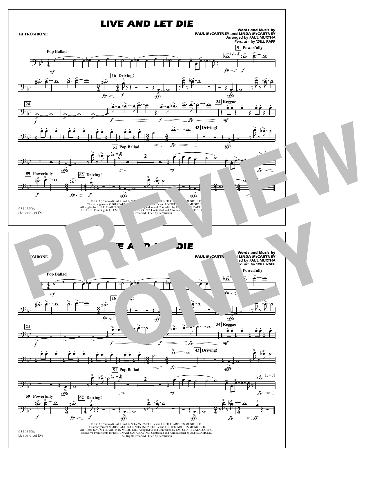 Download Paul Murtha Live and Let Die - 1st Trombone Sheet Music and learn how to play Marching Band PDF digital score in minutes