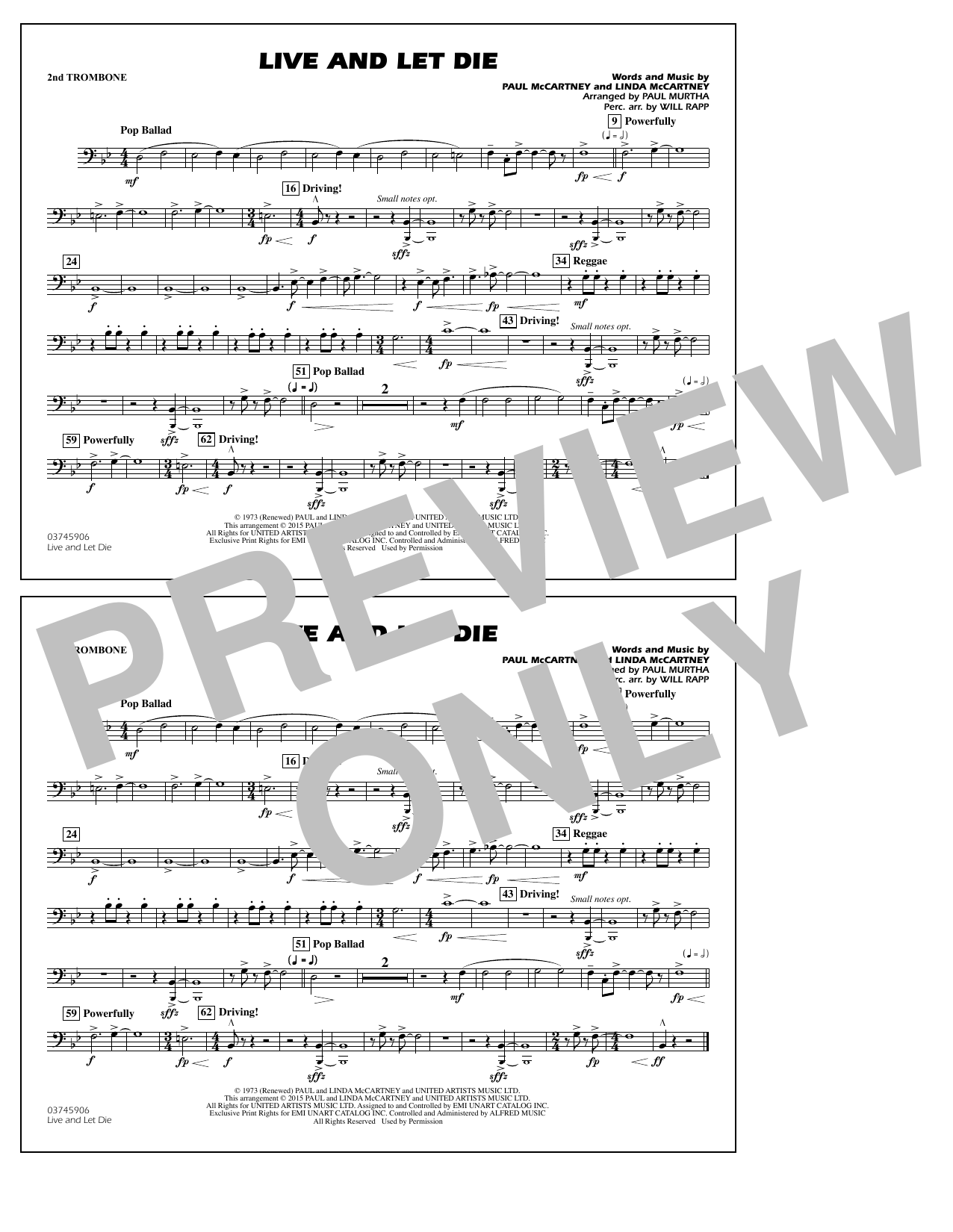 Download Paul Murtha Live and Let Die - 2nd Trombone Sheet Music and learn how to play Marching Band PDF digital score in minutes