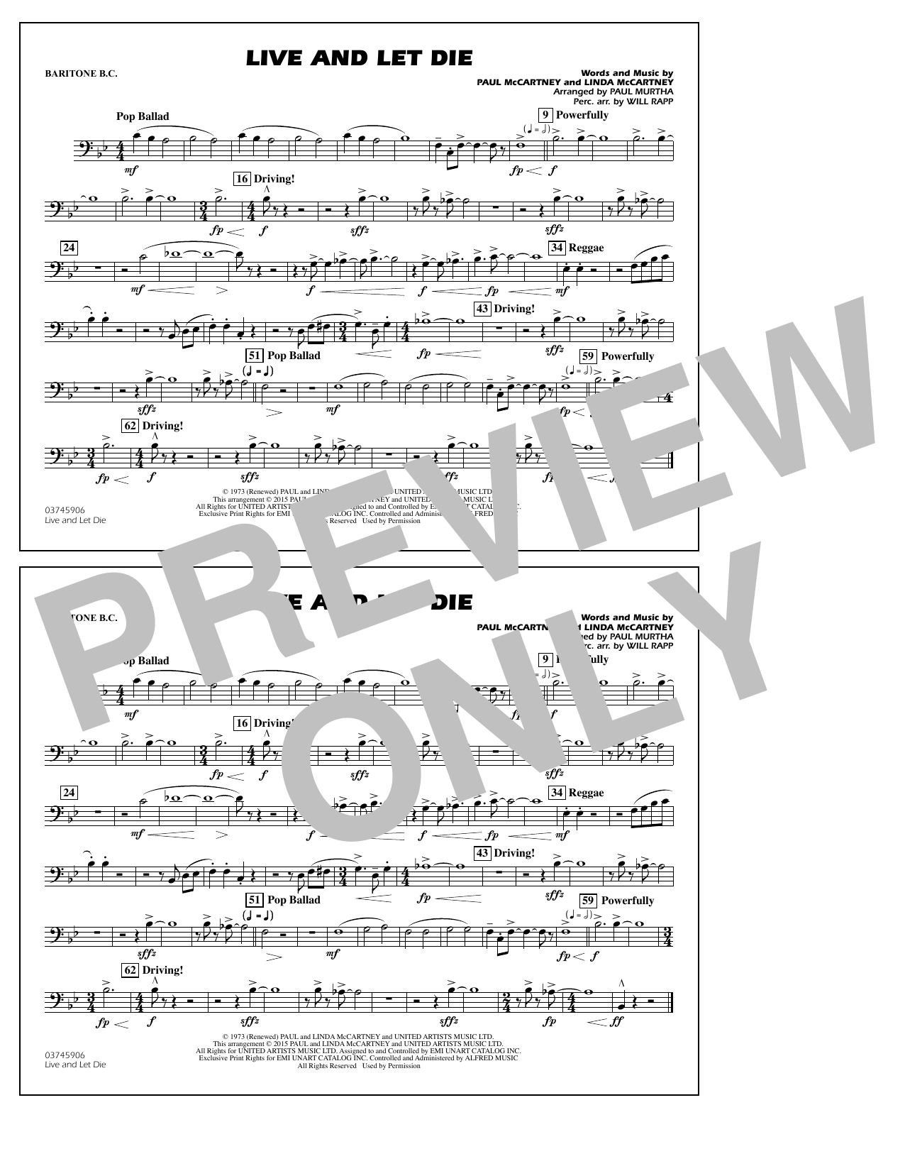 Download Paul Murtha Live and Let Die - Baritone B.C. Sheet Music and learn how to play Marching Band PDF digital score in minutes