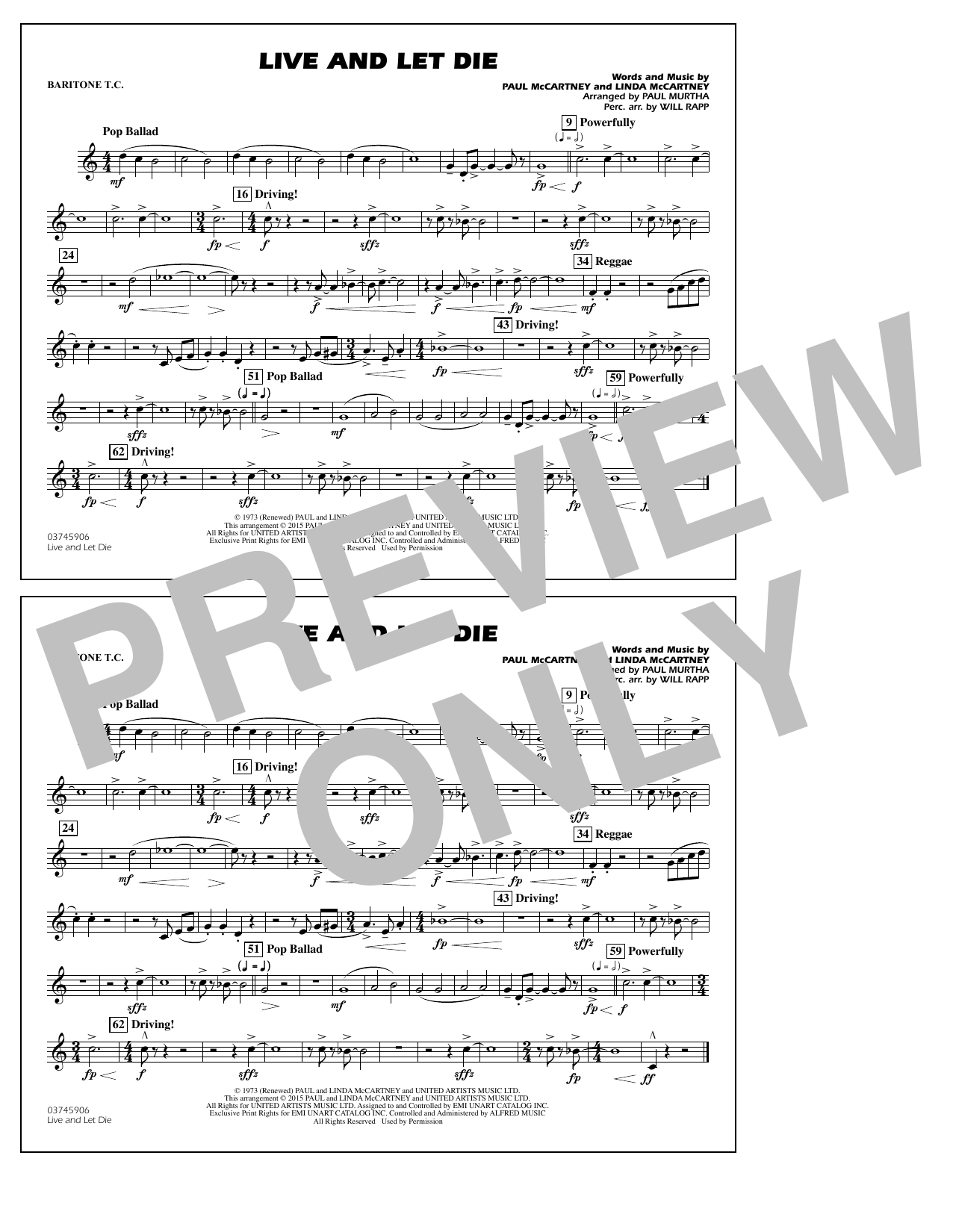Download Paul Murtha Live and Let Die - Baritone T.C. Sheet Music and learn how to play Marching Band PDF digital score in minutes