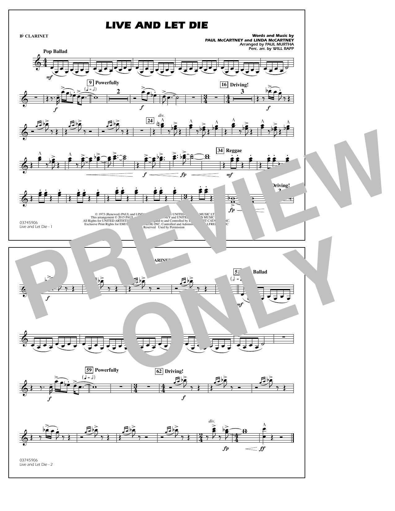 Download Paul Murtha Live and Let Die - Bb Clarinet Sheet Music and learn how to play Marching Band PDF digital score in minutes