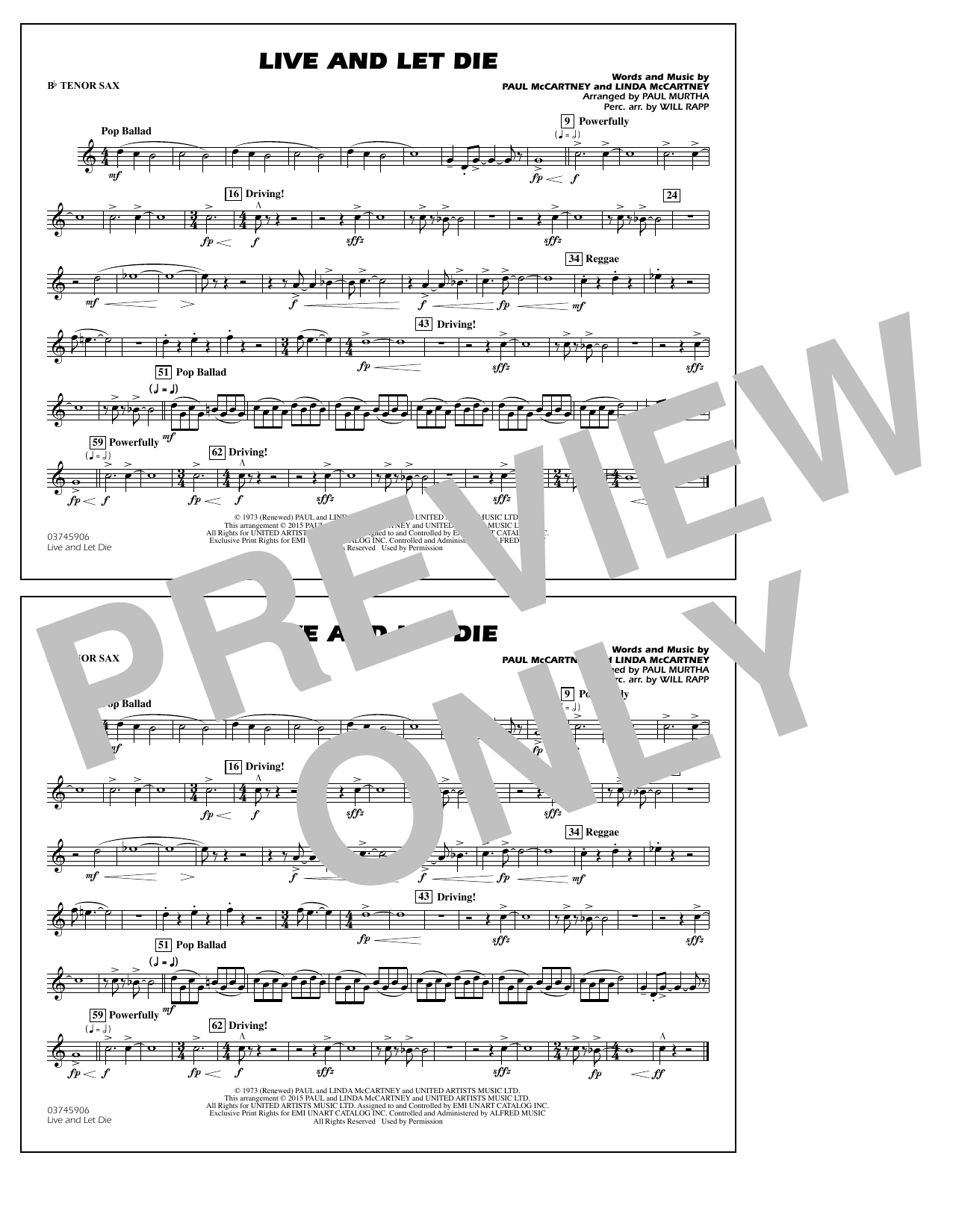 Download Paul Murtha Live and Let Die - Bb Tenor Sax Sheet Music and learn how to play Marching Band PDF digital score in minutes