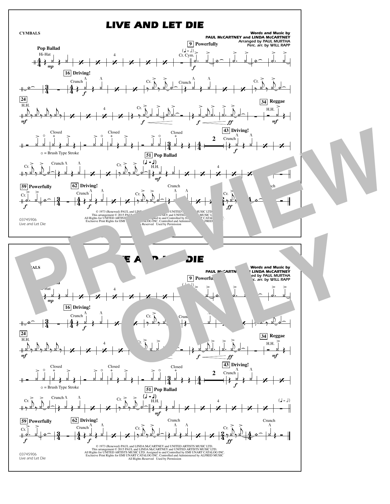 Download Paul Murtha Live and Let Die - Cymbals Sheet Music and learn how to play Marching Band PDF digital score in minutes
