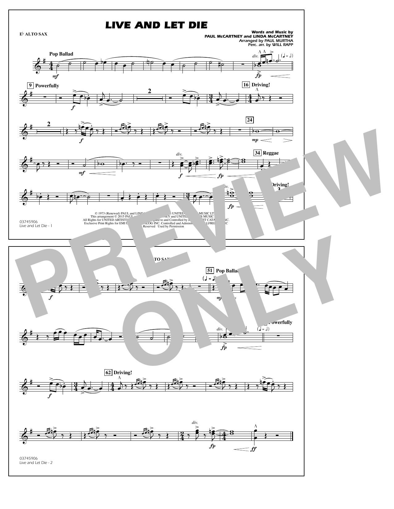 Download Paul Murtha Live and Let Die - Eb Alto Sax Sheet Music and learn how to play Marching Band PDF digital score in minutes