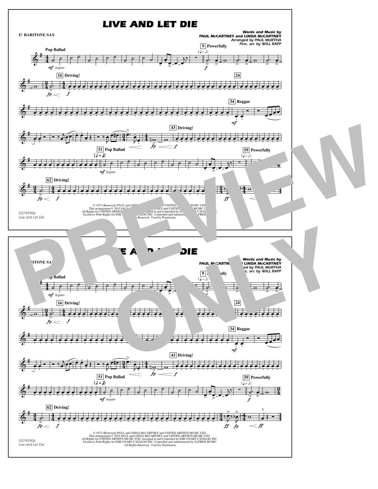 Download Paul Murtha Live and Let Die - Eb Baritone Sax Sheet Music and learn how to play Marching Band PDF digital score in minutes