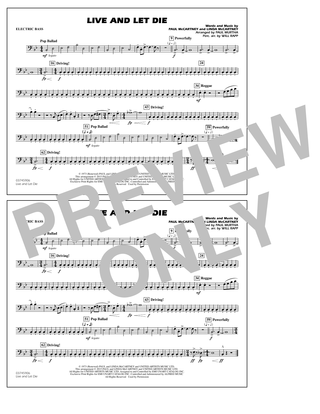 Download Paul Murtha Live and Let Die - Electric Bass Sheet Music and learn how to play Marching Band PDF digital score in minutes