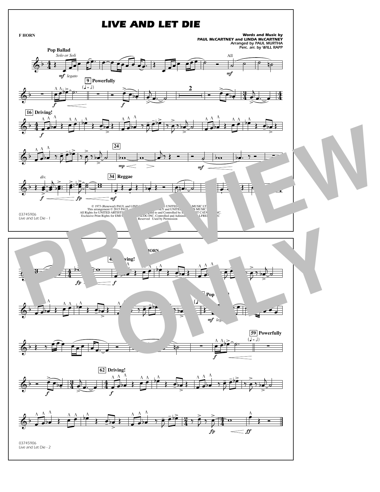 Download Paul Murtha Live and Let Die - F Horn Sheet Music and learn how to play Marching Band PDF digital score in minutes