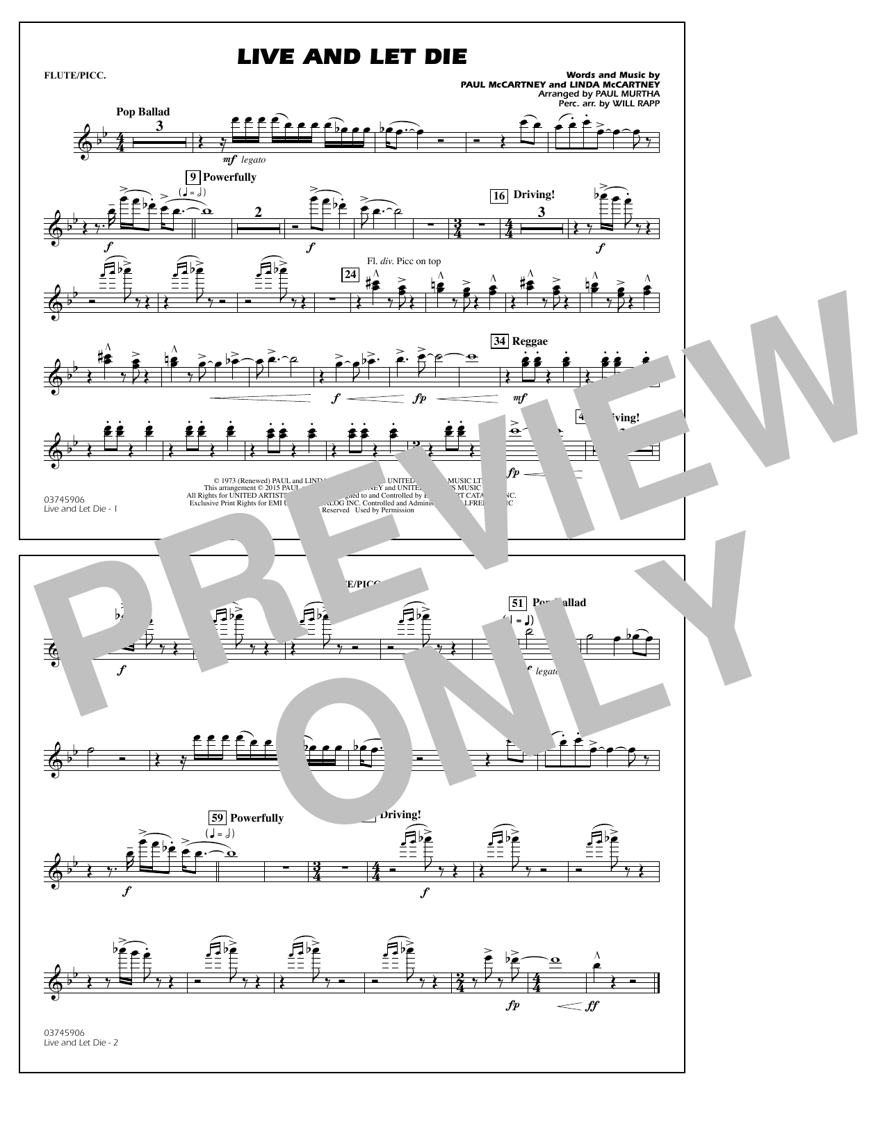 Download Paul Murtha Live and Let Die - Flute/Piccolo Sheet Music and learn how to play Marching Band PDF digital score in minutes