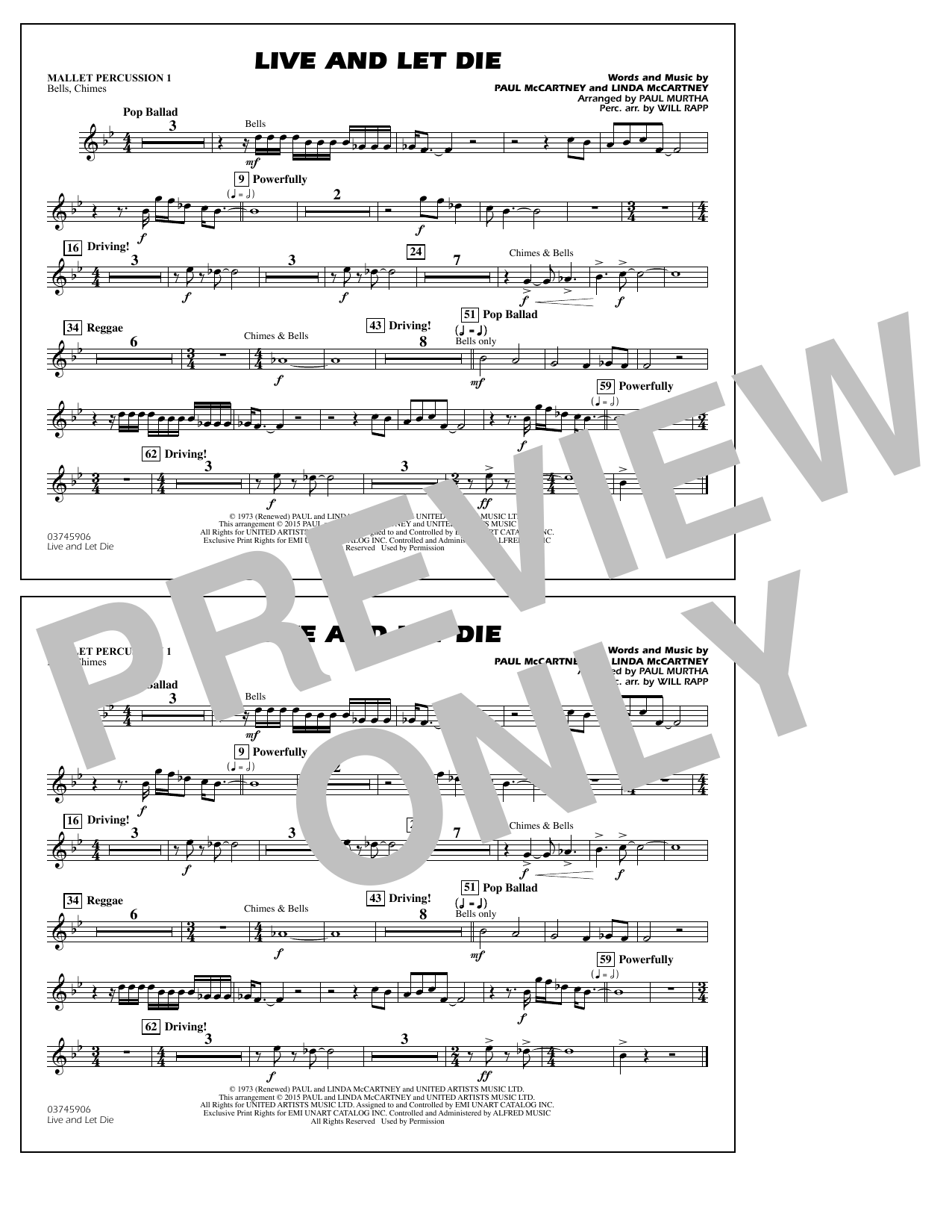 Download Paul Murtha Live and Let Die - Mallet Percussion 1 Sheet Music and learn how to play Marching Band PDF digital score in minutes