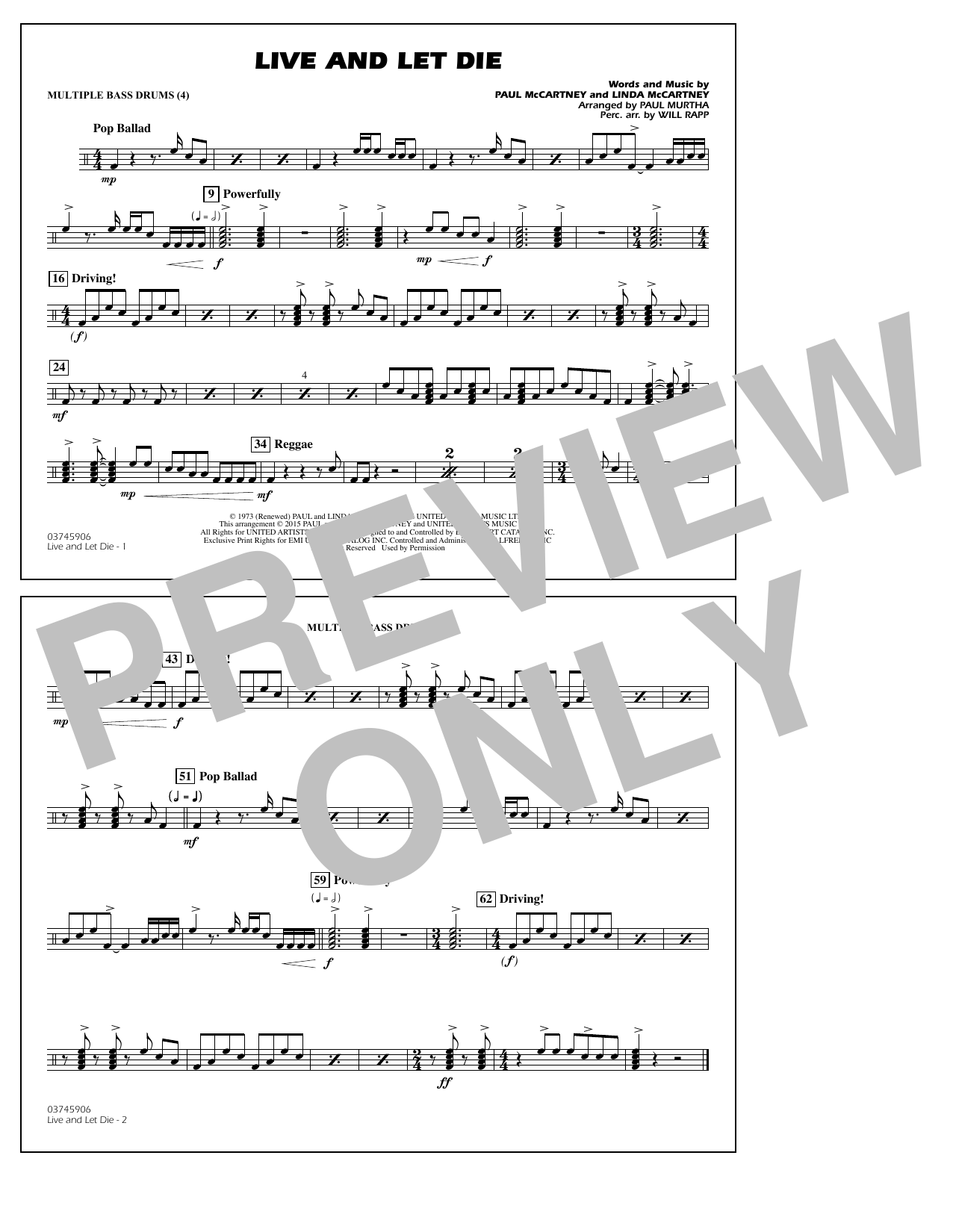 Download Paul Murtha Live and Let Die - Multiple Bass Drums Sheet Music and learn how to play Marching Band PDF digital score in minutes