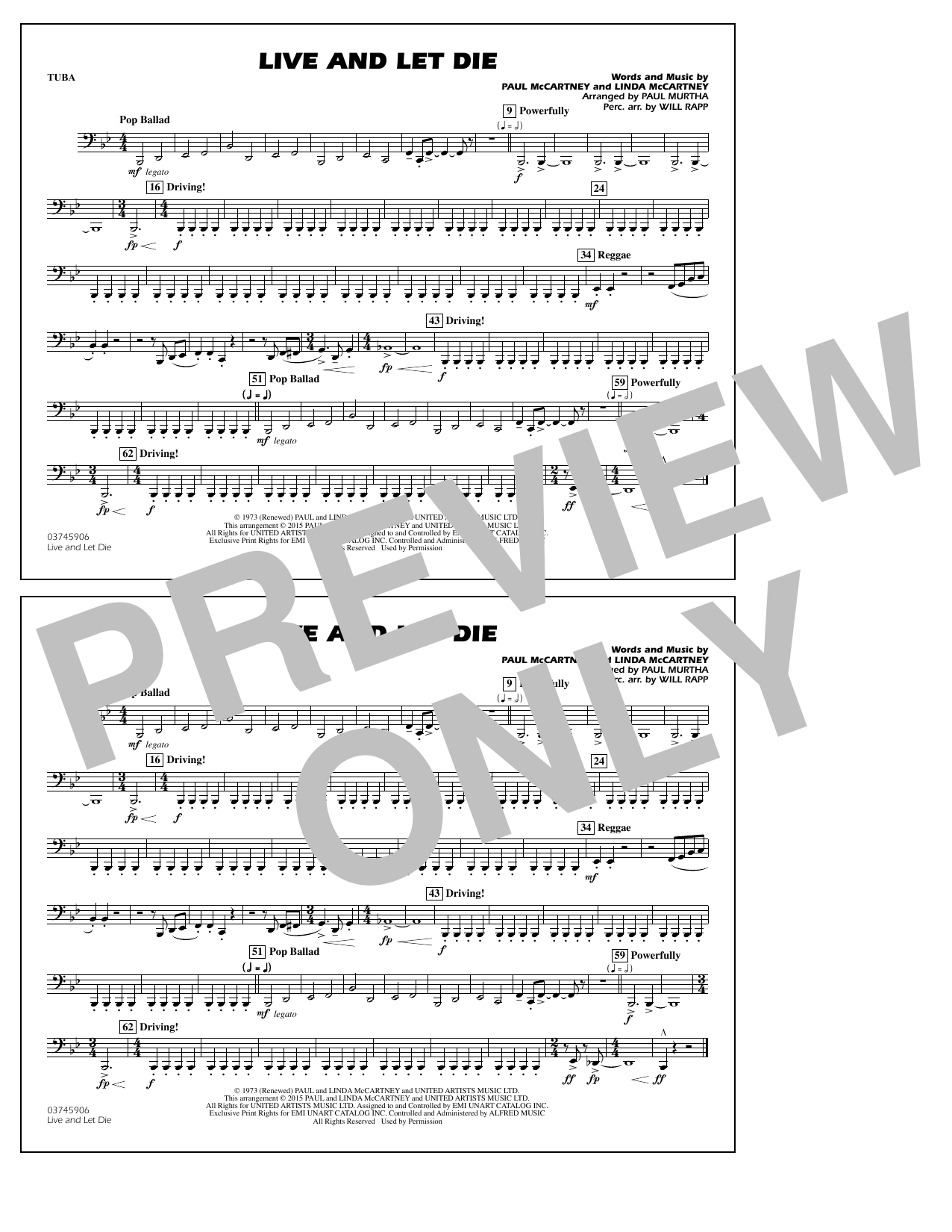 Download Paul Murtha Live and Let Die - Tuba Sheet Music and learn how to play Marching Band PDF digital score in minutes