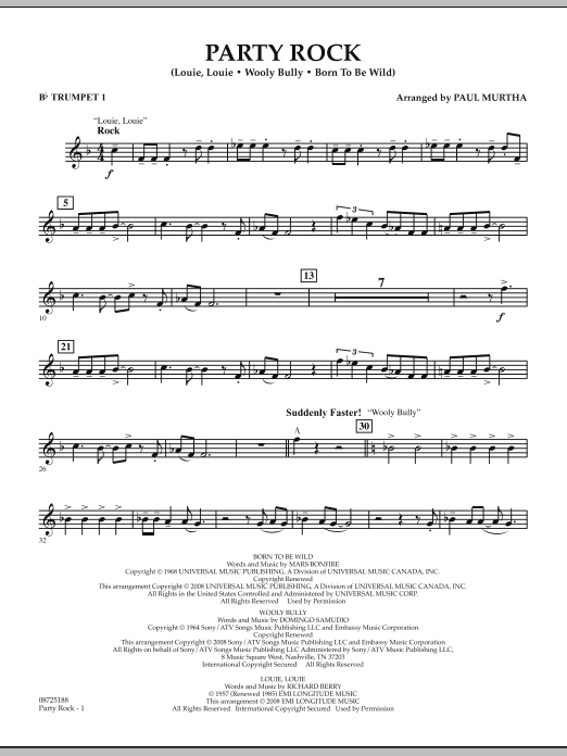 Download Paul Murtha Party Rock - Bb Trumpet 1 Sheet Music and learn how to play Concert Band PDF digital score in minutes