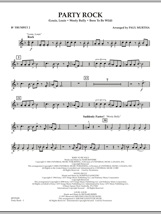 Download Paul Murtha Party Rock - Bb Trumpet 2 Sheet Music and learn how to play Concert Band PDF digital score in minutes
