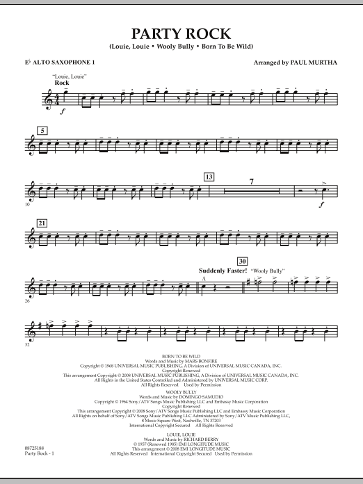 Download Paul Murtha Party Rock - Eb Alto Saxophone 1 Sheet Music and learn how to play Concert Band PDF digital score in minutes