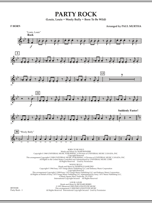 Download Paul Murtha Party Rock - F Horn Sheet Music and learn how to play Concert Band PDF digital score in minutes