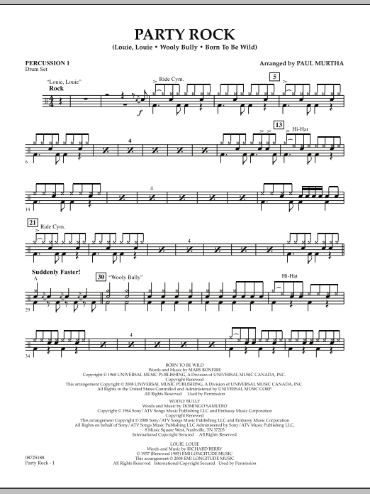 Download Paul Murtha Party Rock - Percussion 1 Sheet Music and learn how to play Concert Band PDF digital score in minutes