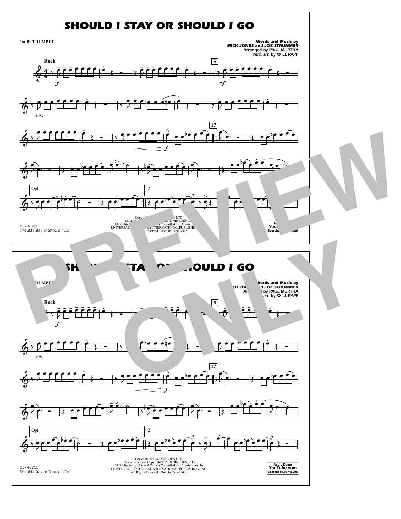 Download Paul Murtha Should I Stay Or Should I Go - 1st Bb Trumpet Sheet Music and learn how to play Marching Band PDF digital score in minutes