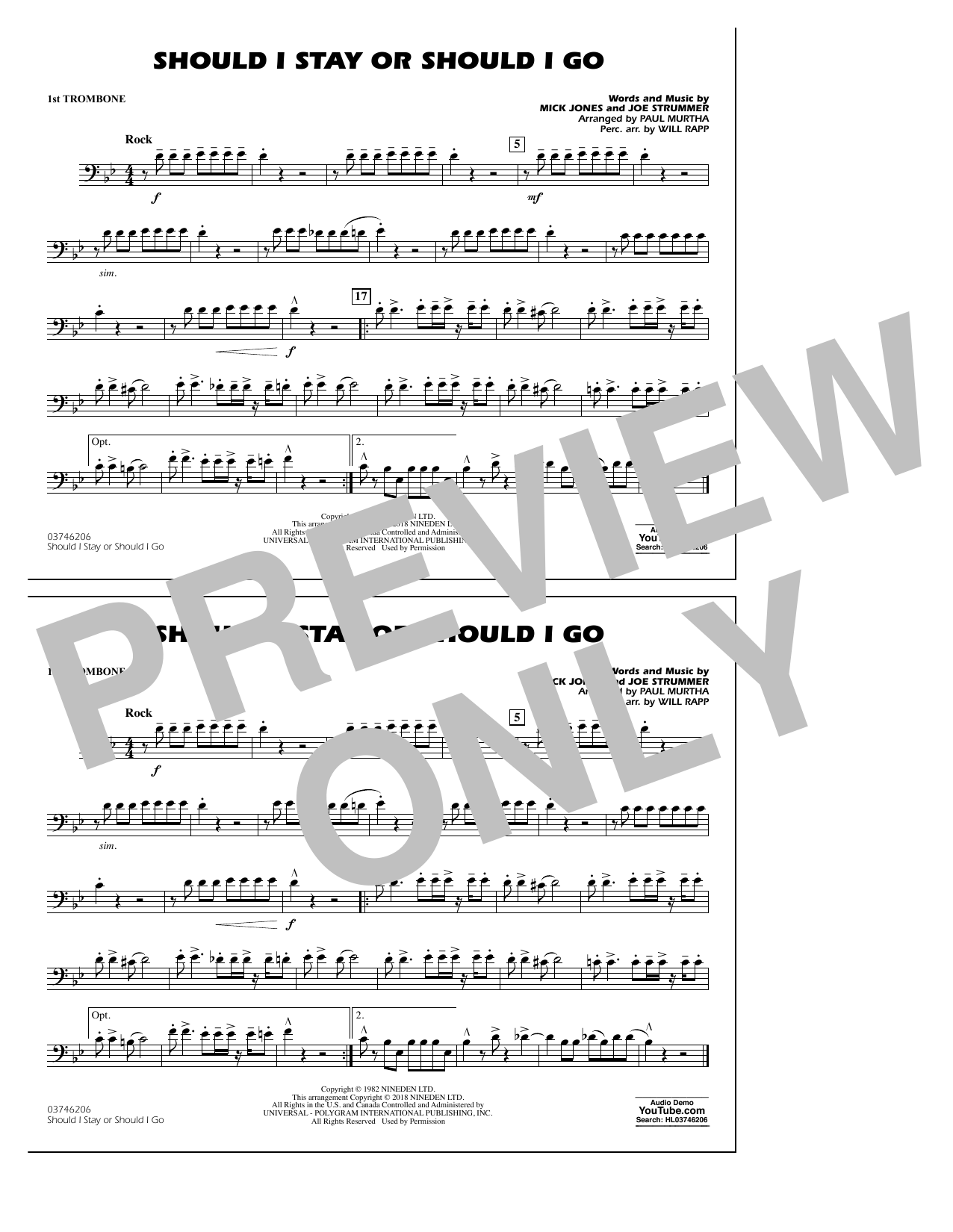Download Paul Murtha Should I Stay Or Should I Go - 1st Trombone Sheet Music and learn how to play Marching Band PDF digital score in minutes