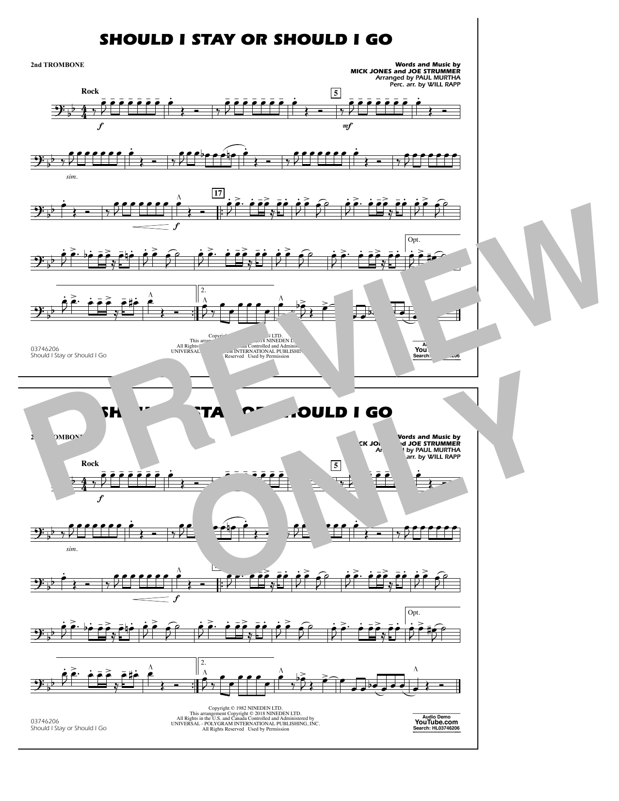 Download Paul Murtha Should I Stay Or Should I Go - 2nd Trombone Sheet Music and learn how to play Marching Band PDF digital score in minutes